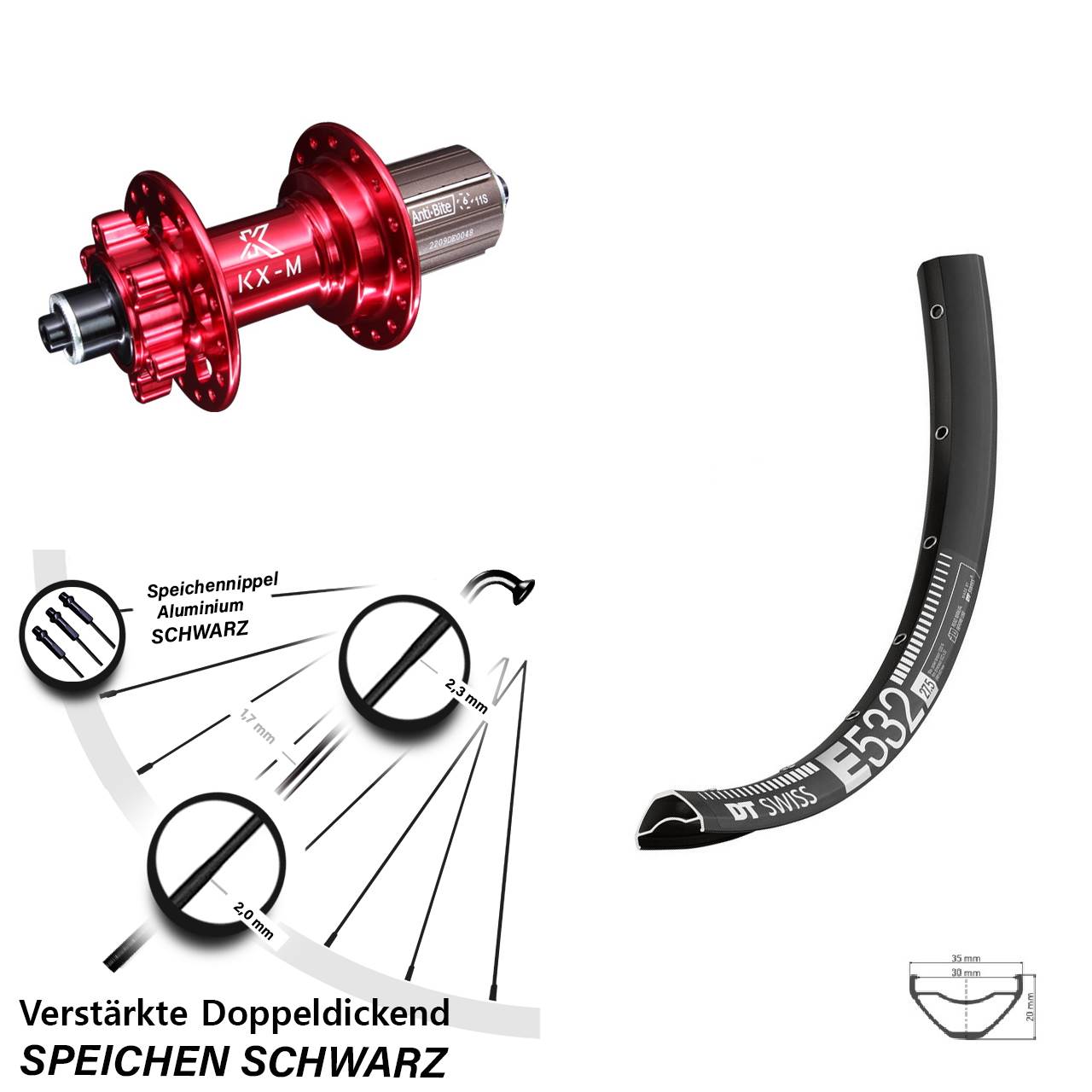 Disc Laufrad 29 Zoll DT Swiss E532 KX-M rot 8-12 fach für Schnellspanner