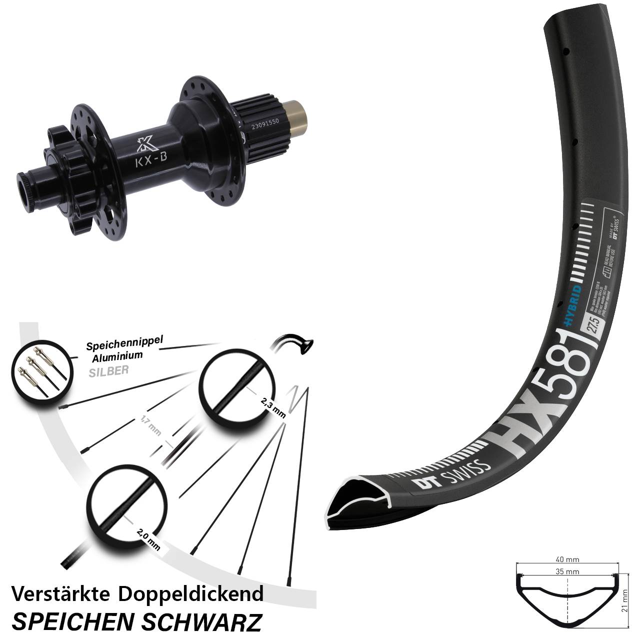 DT Swiss HX 581 KX-B 27,5 Zoll 6-Loch Hinterrad 12x148 Shimano Micro Spline