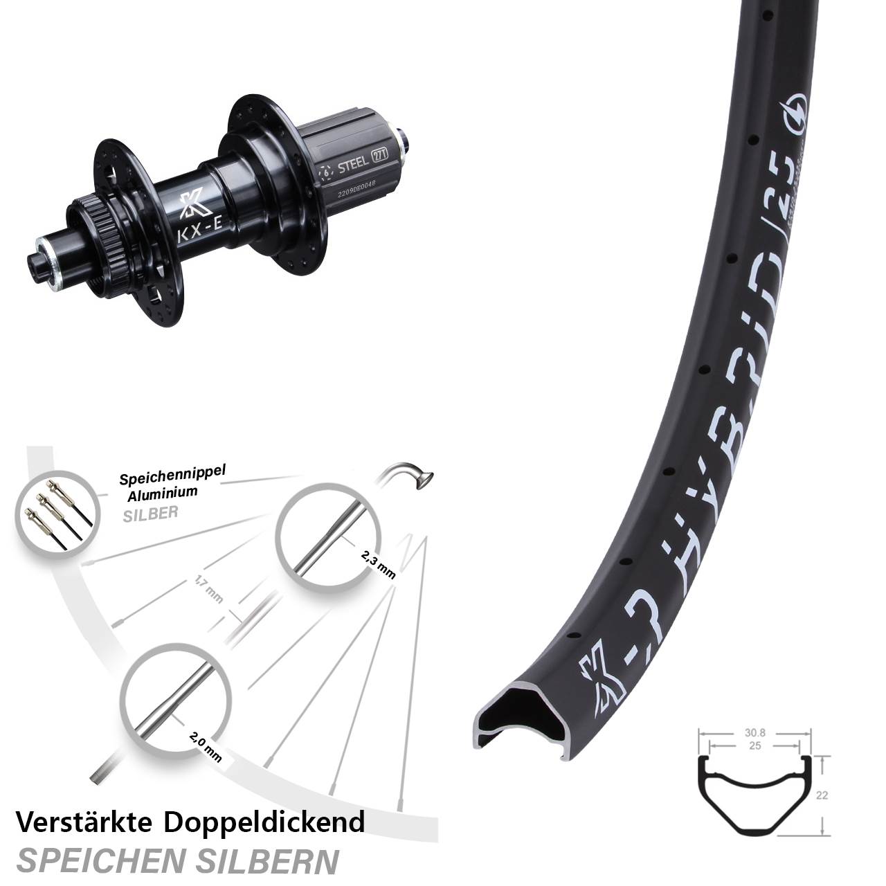 KX-E Hybrid 25 Centerlock Hinterrad 28-29 Zoll für Schnellspanner 8-12 fach