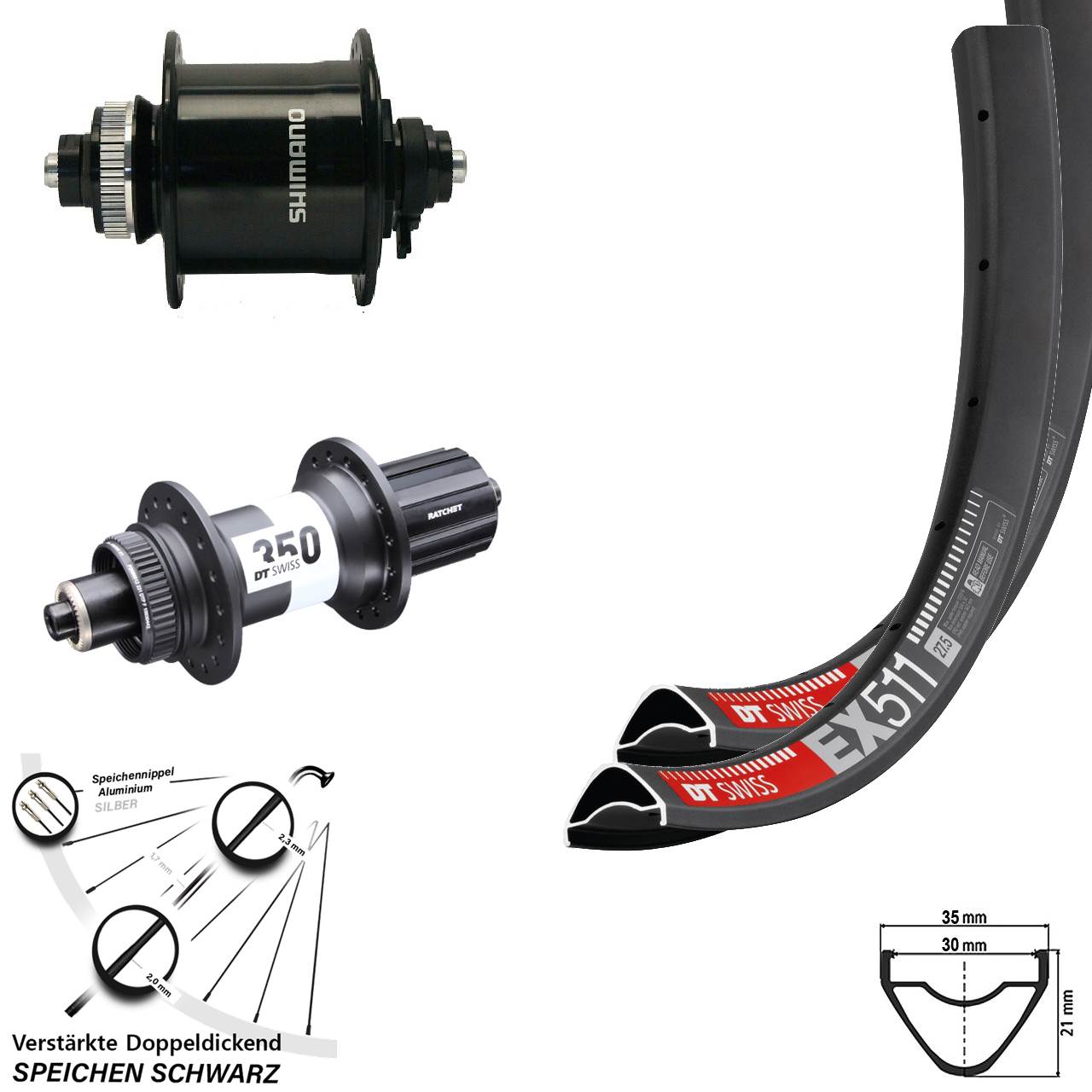 Laufradsatz 29 Zoll DT Swiss EX 511-350 Shimano DH-UR700-3D Centerlock 8-11 fach HG QR