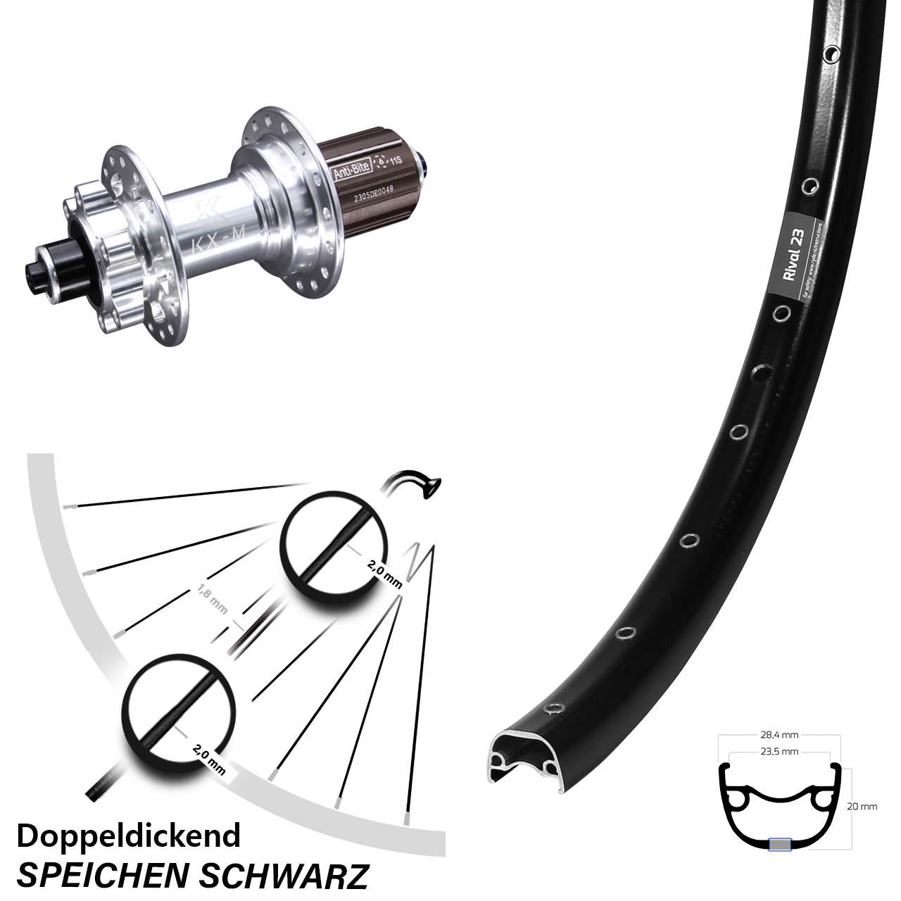 Disc Laufrad 27,5 Zoll Ryde Rival 23 KX-M 8-12 fach für Schnellspanner