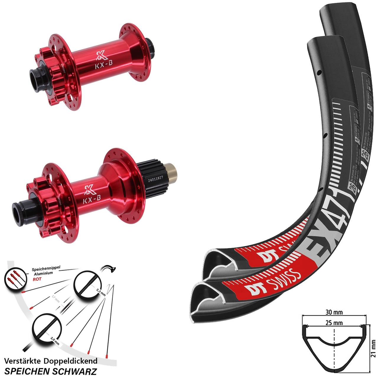 DT Swiss EX471 KX-B rot 27,5 Zoll Laufradsatz 6-Loch 15x110 12x148 Shimano Micro Spline