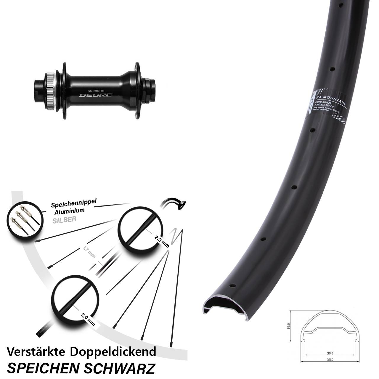 29 Zoll KX Mountain TR Shimano Deore HB-M6010 Vorderrad Centerlock 15x110 Boost