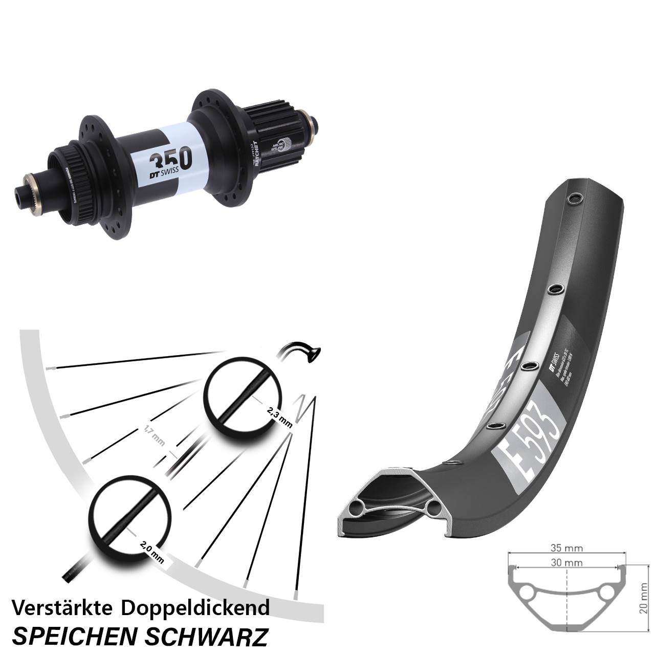 29 Zoll DT Swiss E593-350 Ratchet 36 Centerlock Hinterrad QR Boost Micro Spline