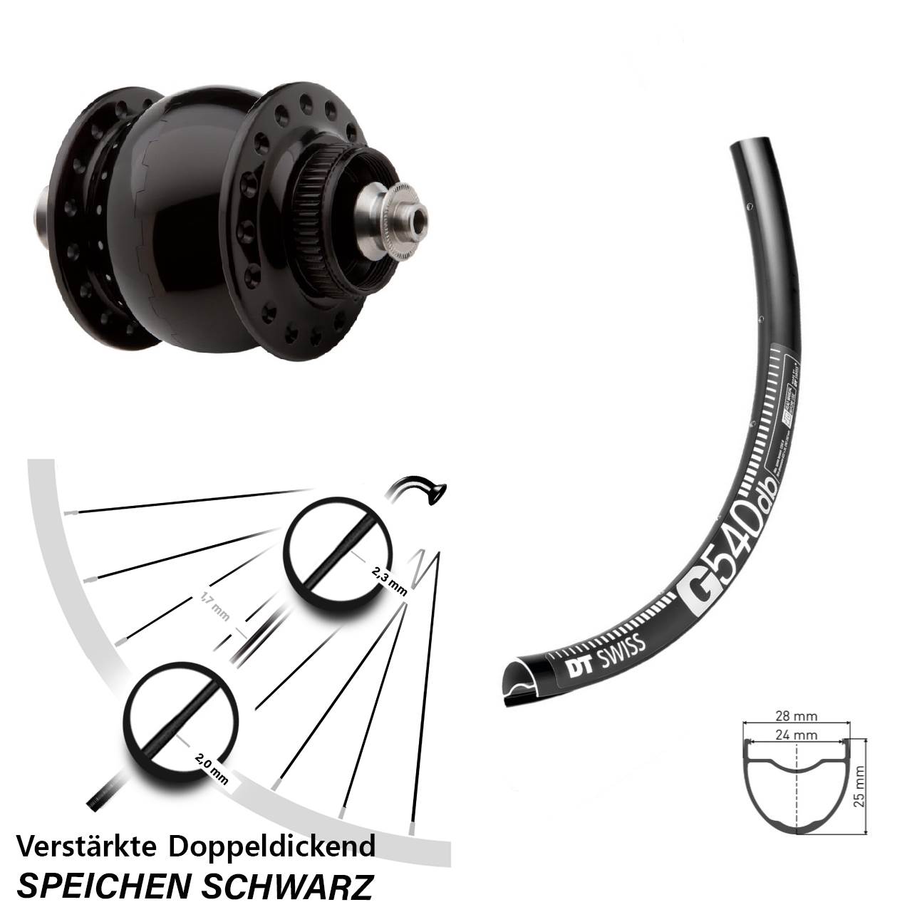 SON delux DT Swiss G 540 27,5 Zoll Disc Vorderrad mit Nabendynamo für Schnellspanner