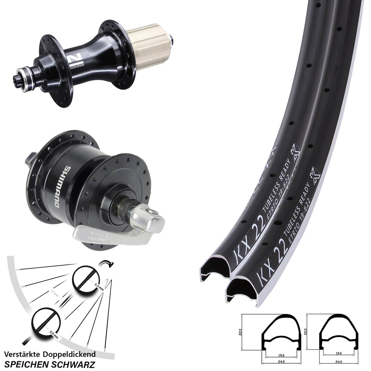 28 Zoll KX 22 OS/22 Felgenbrems-Radsatz 5x100/130 Novatec F162SB Shimano DH-3N72 8-12 fach