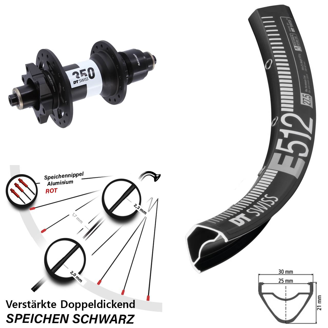 DT Swiss E 512 350 29 Zoll Hinterrad 6-Loch für Schnellspanner XD