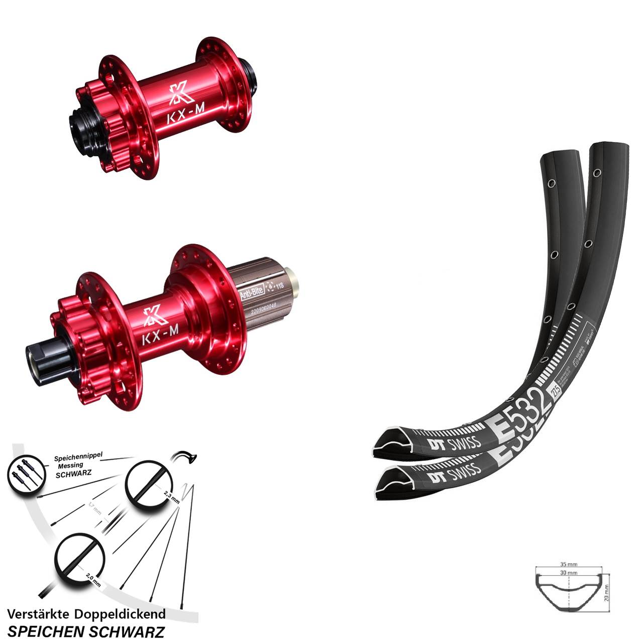 Laufradsatz 6-Loch 15x100 12x142 29 Zoll DT Swiss E532 KX-M rot 8-12 fach HG