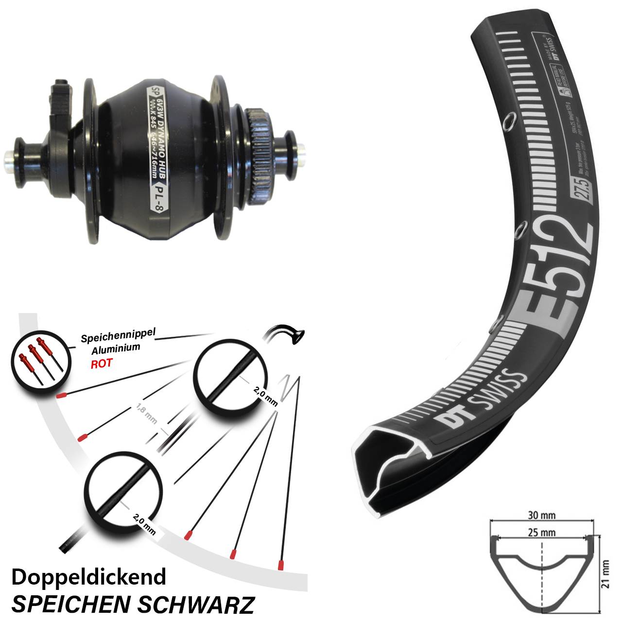 DT Swiss E512 Shutter PL-8 650B Nabendynamovorderrad Centerlock QR