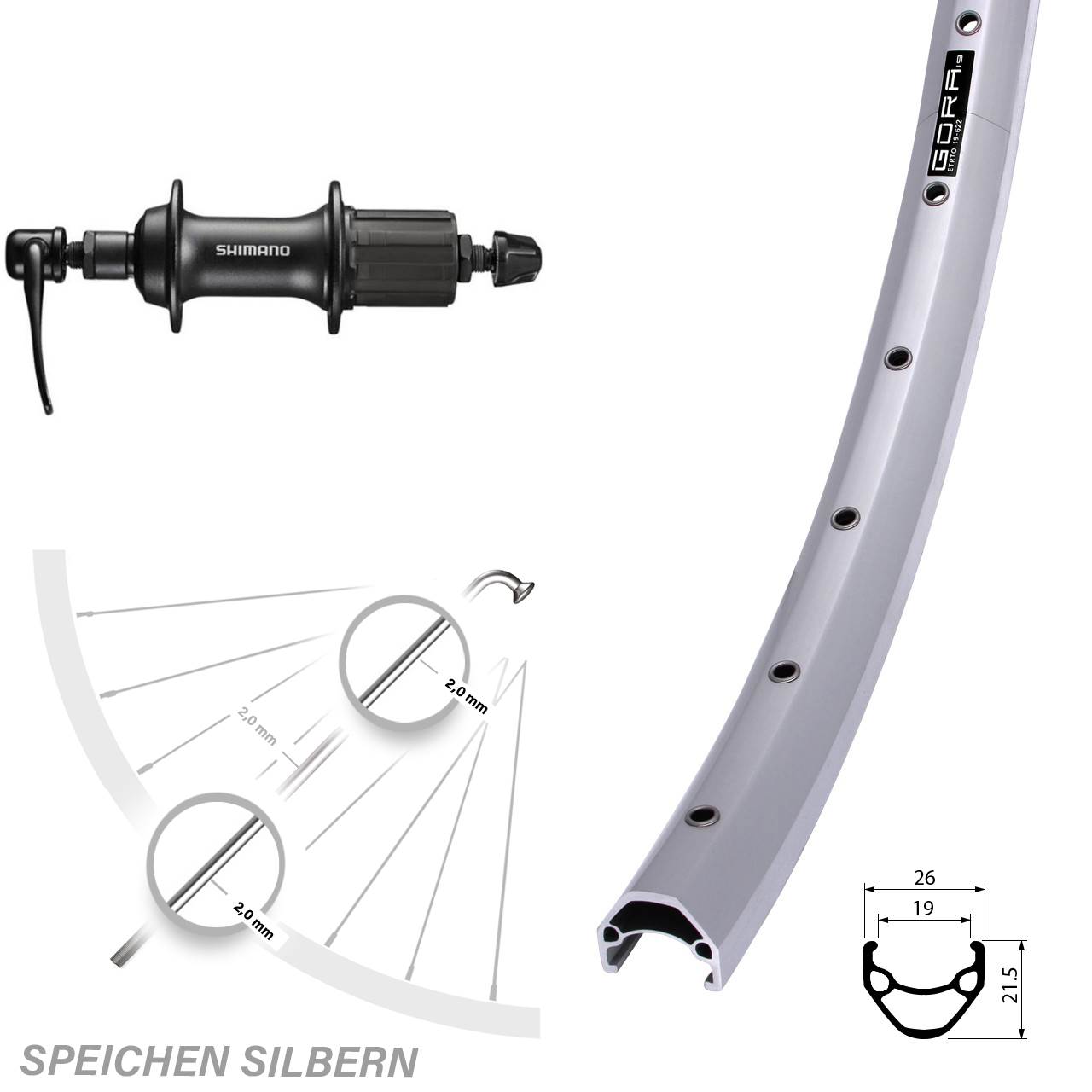 Shimano FH-T3000 28 Zoll Hinterrad 8-11 fach Gora 19 silbern