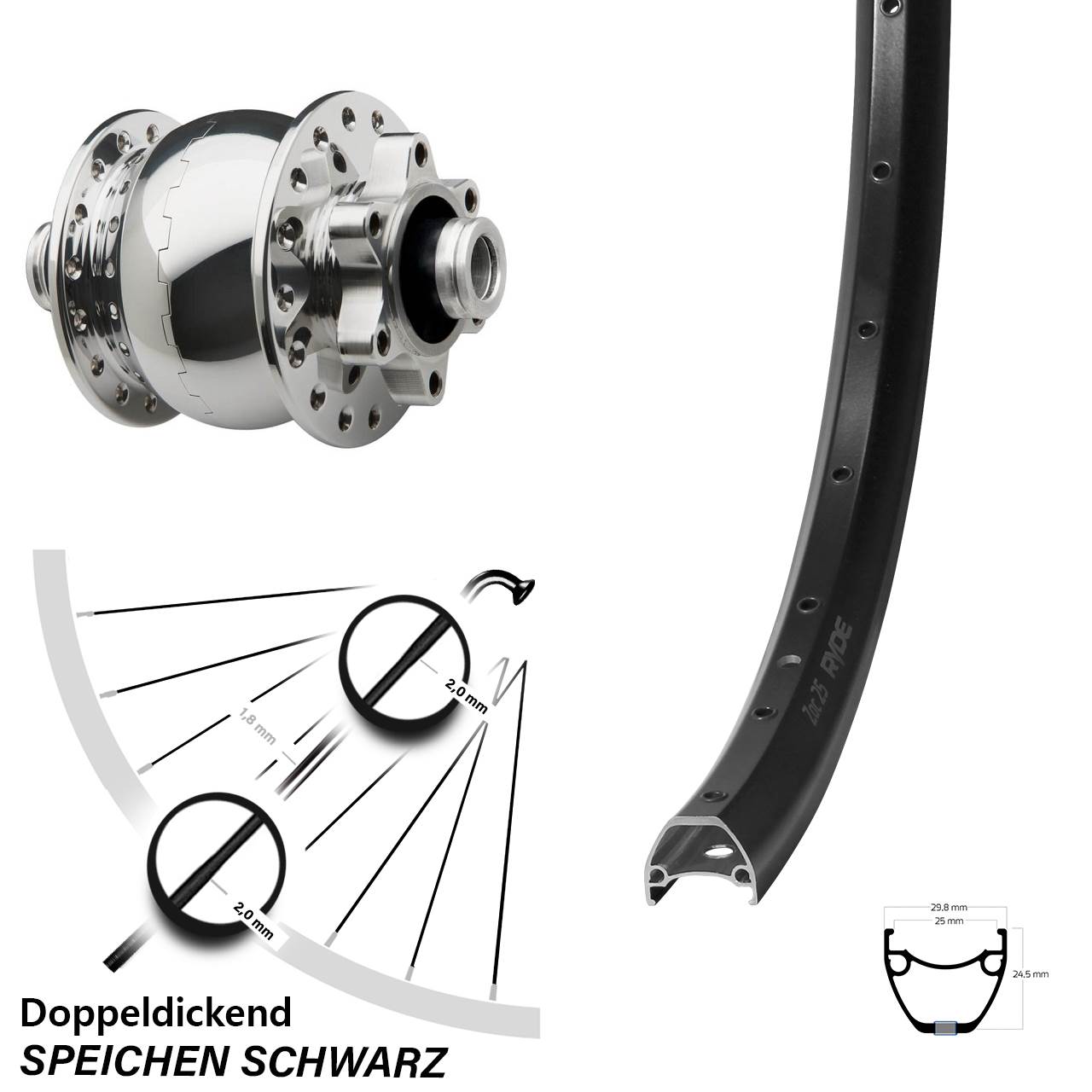 SON 28 poliert Ryde ZAC 25 29 Zoll Disc Laufrad mit Nabendynamo 12x100