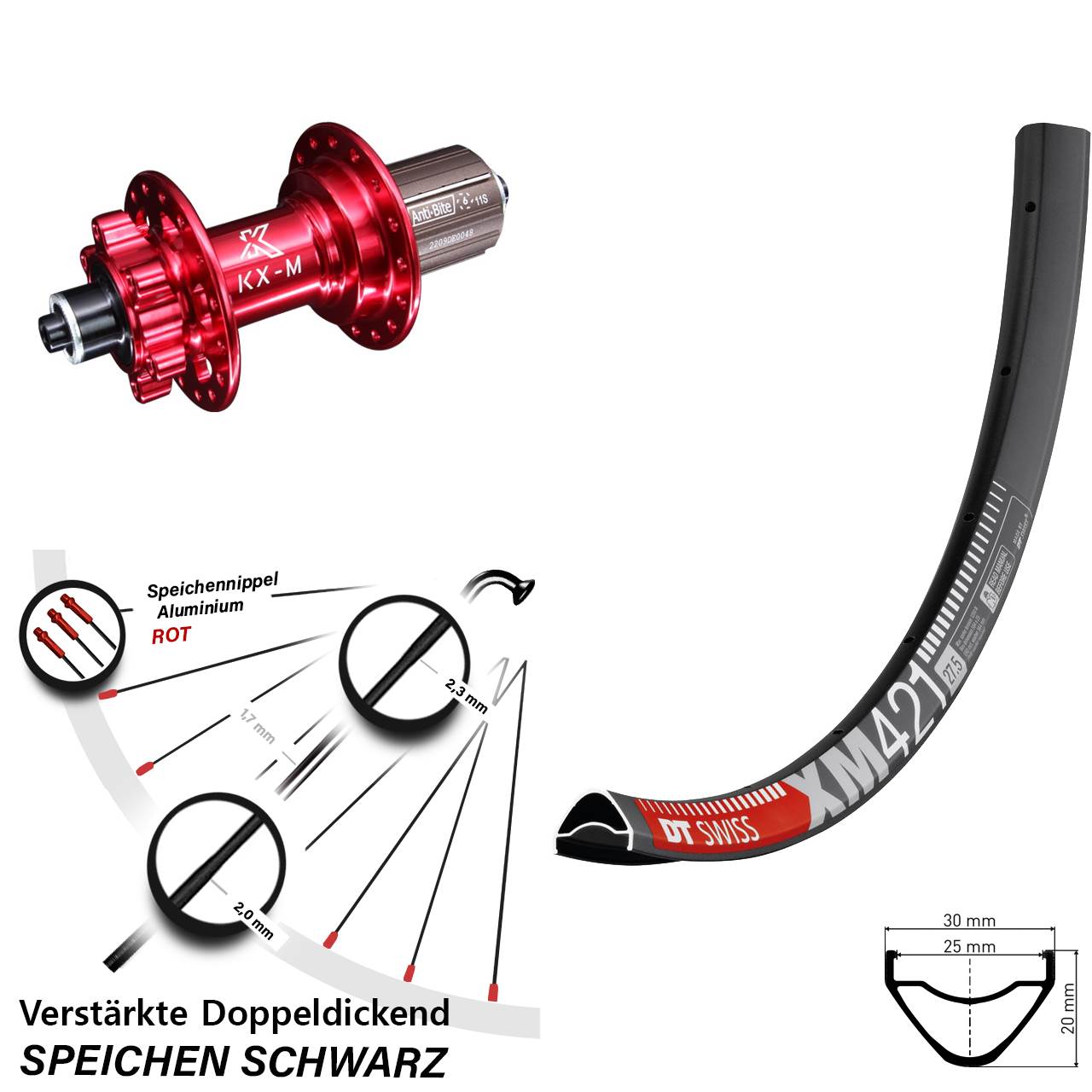 DT Swiss XM 421 KX-M rot Disc 29 Zoll Laufrad für Schnellspanner 8-12 fach