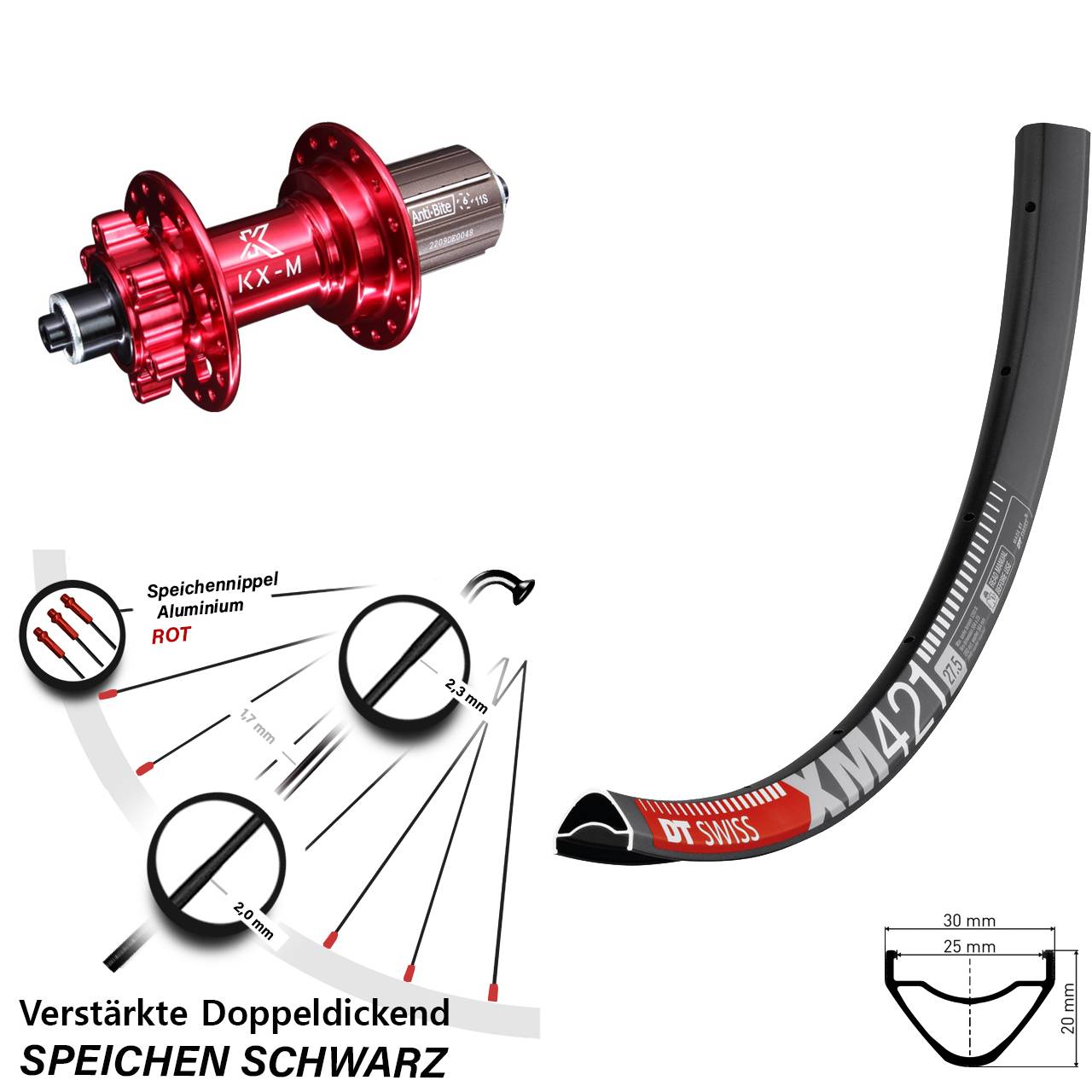 DT Swiss XM 421 KX-M rot Disc 29 Zoll Laufrad für Schnellspanner 8-12 fach