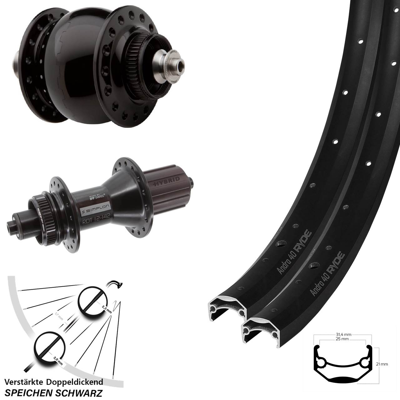 Disc Laufradsatz QR 650B Ryde Andra 40 DT Swiss 370 Hybrid SON 28 8-11 fach HG