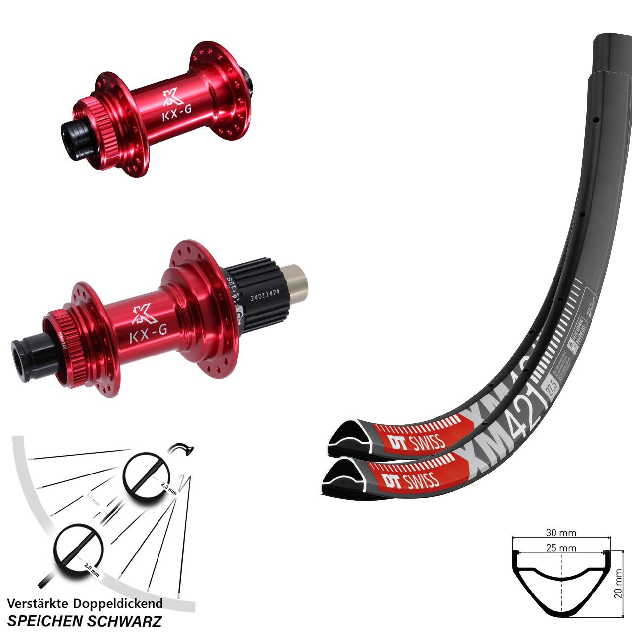 Disc Laufrad-Satz 15x100 12x142 27,5 Zoll DT Swiss XM 421 KX-G rot Shimano Micro Spline