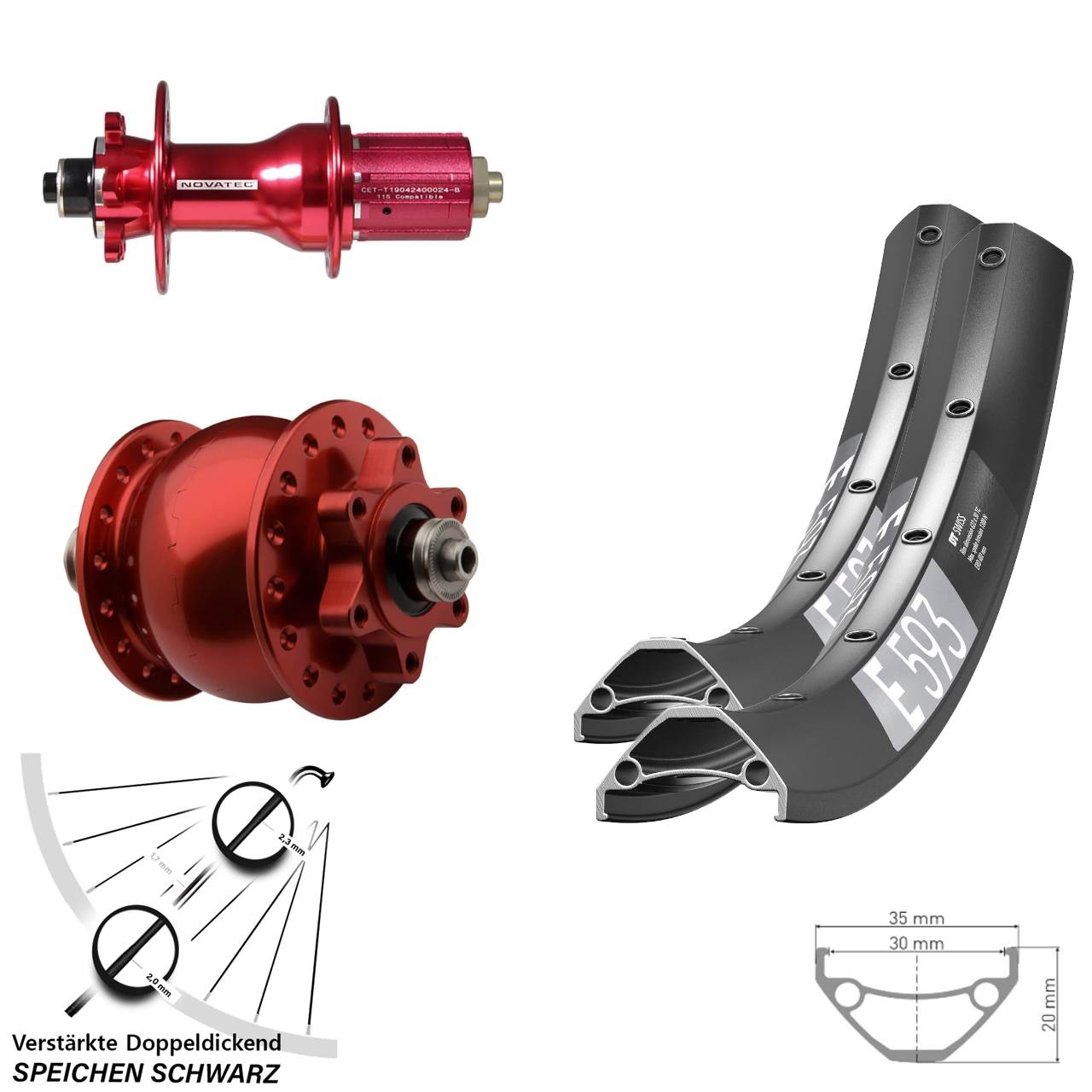 Disc Laufrad-Satz 29 Zoll DT Swiss E593 Novatec D792 SON 28 rot 8-12 fach HG QR