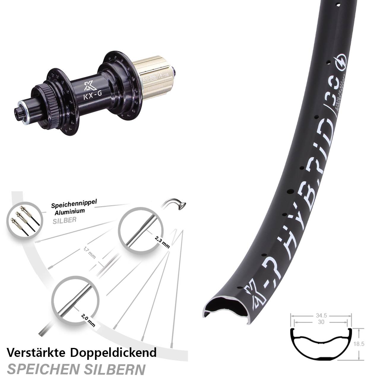 29 Zoll KX-GR Hybrid 30 Centerlock Hinterrad für Schnellspanner 8-12 fach