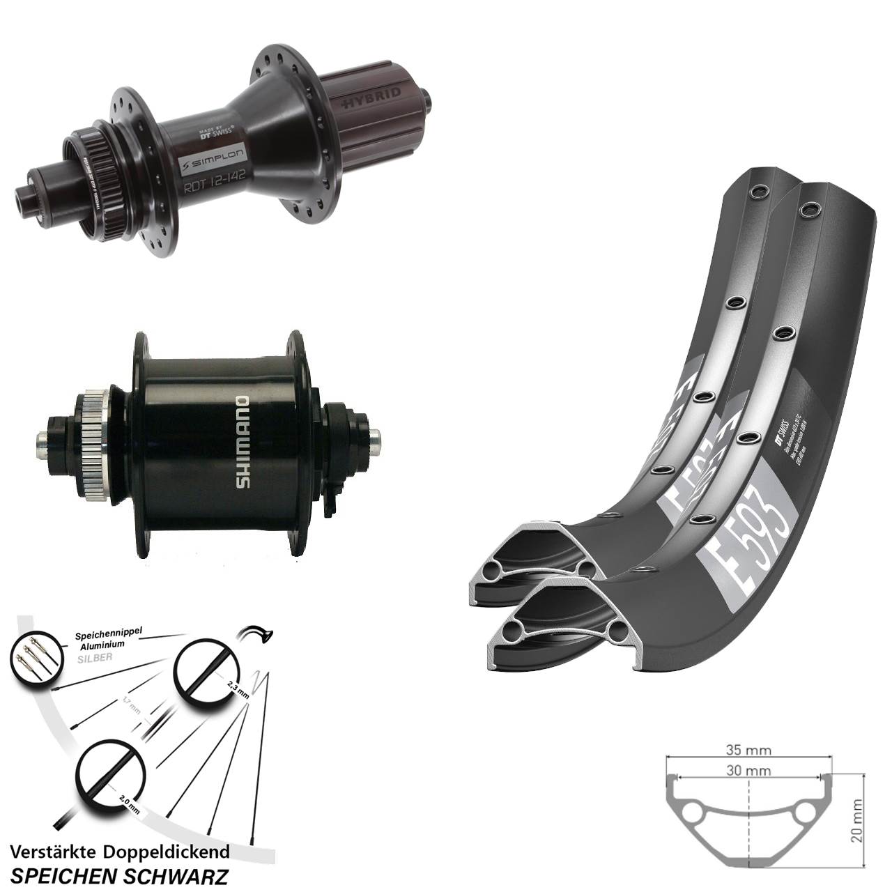 29 Zoll DT Swiss E593 370 Hybrid Shimano DH-UR700-3D Disc Laufrad-Satz QR 8-11 fach HG