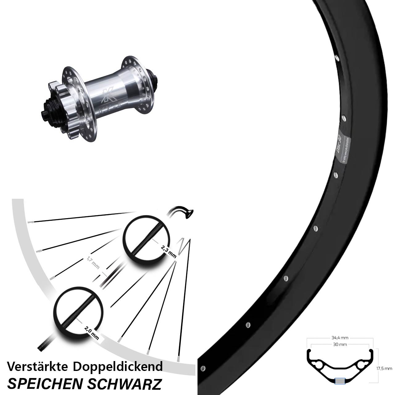 Vorderrad 27,5 Zoll Ryde Disc 30 KX-E verstärkt QR