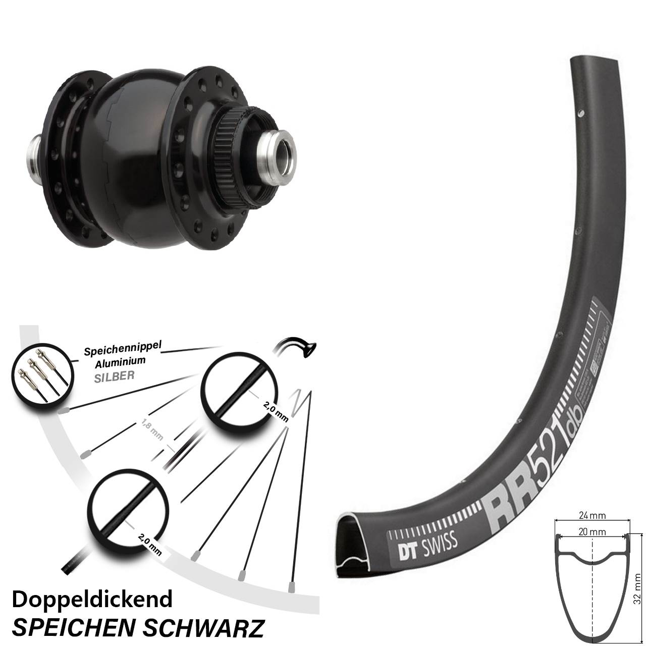 28 Zoll Nabendynamo Vorderrad für Steckachse DT Swiss RR 521 SON delux Centerlock