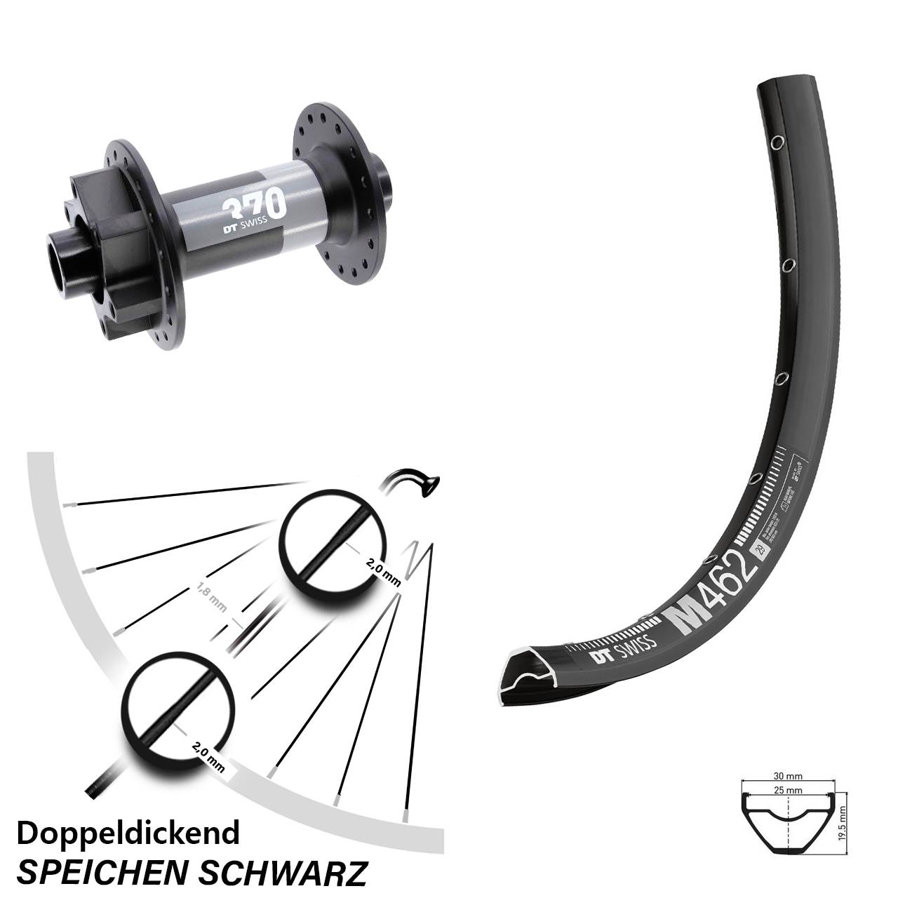 27,5 Zoll DT Swiss M 462 370 6-Loch Vorderrad 15x110 Boost