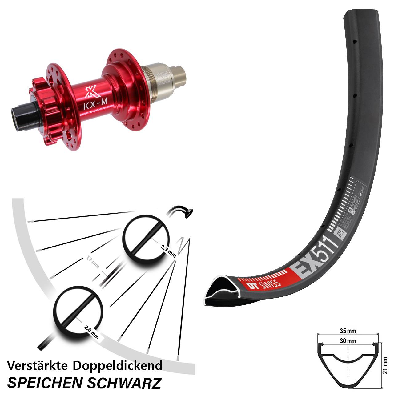 6-Loch Hinterrad 12x142 29 Zoll DT Swiss EX 511 KX-M rot XD