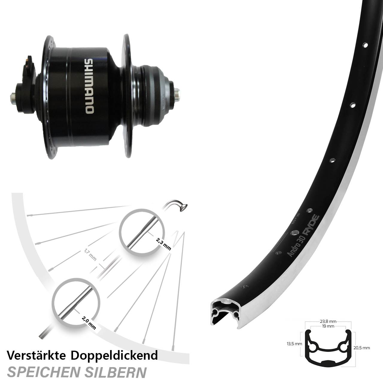 Ryde Andra 30 Shimano DH-3D72 26 Zoll Vorderrad mit Nabendynamo
