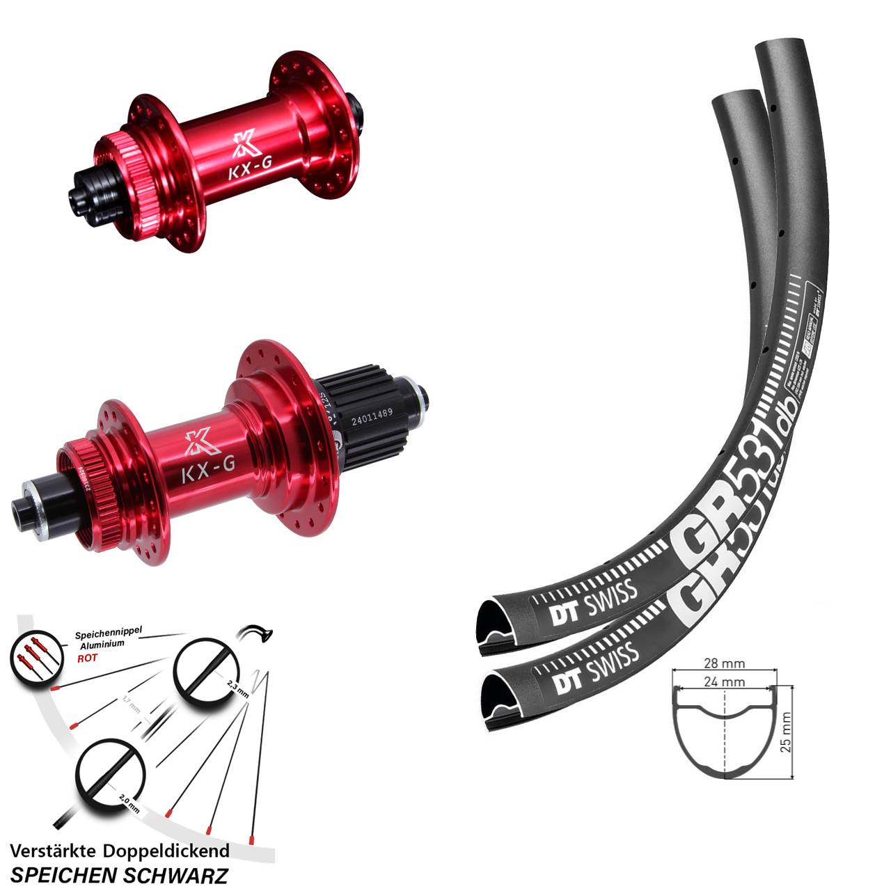 28 Zoll DT Swiss GR531 KX-G rot Disc Laufradsatz für Schnellspanner Shimano Micro Spline