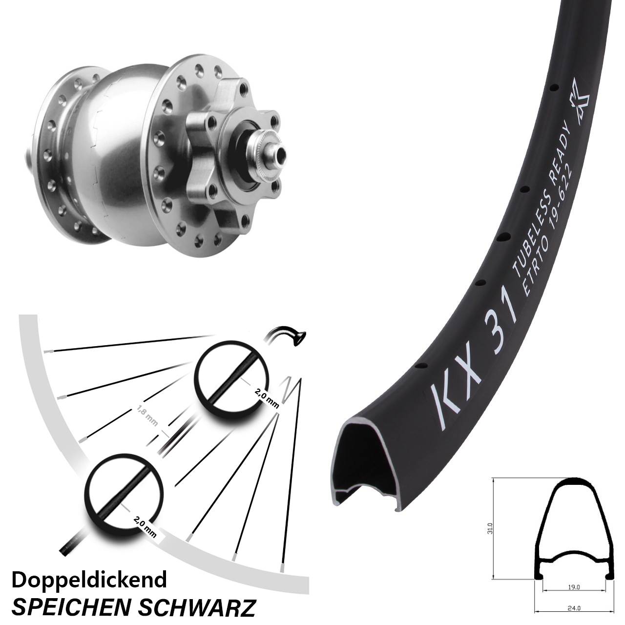 Disc Vorderrad mit Nabendynamo KX 31 SON 28 Zoll silbern QR