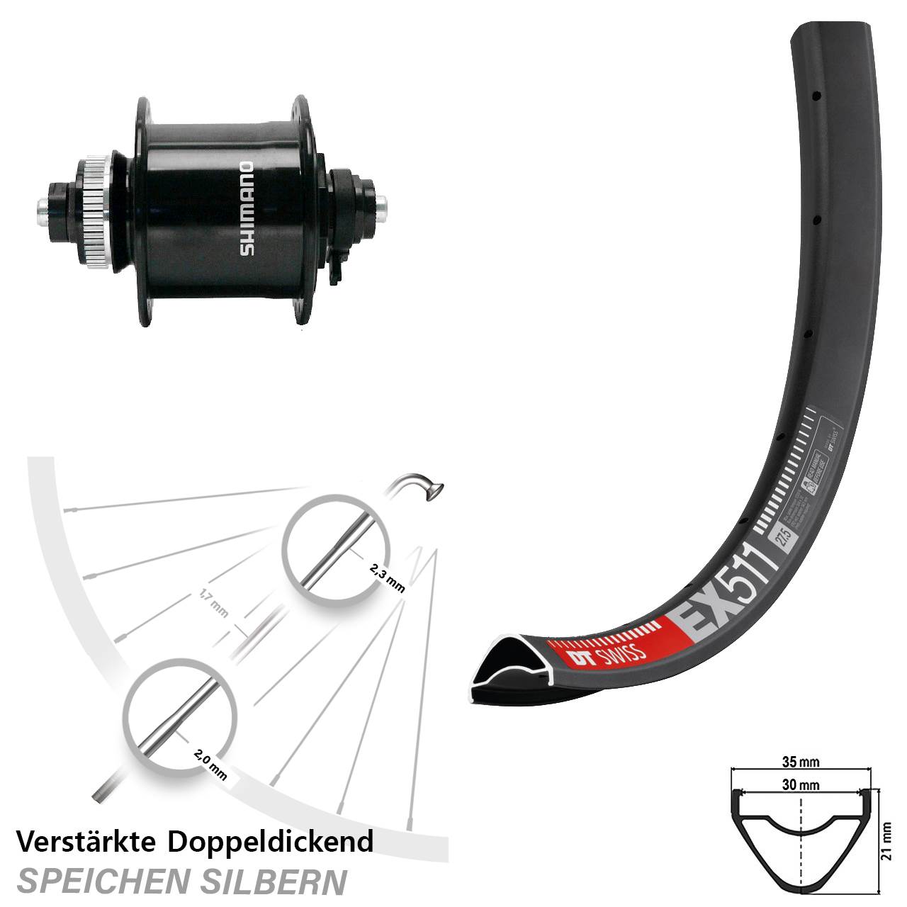 Nabendynamo-Vorderrad Centerlock 29 Zoll DT Swiss EX511 Shimano DH-UR700-3D QR