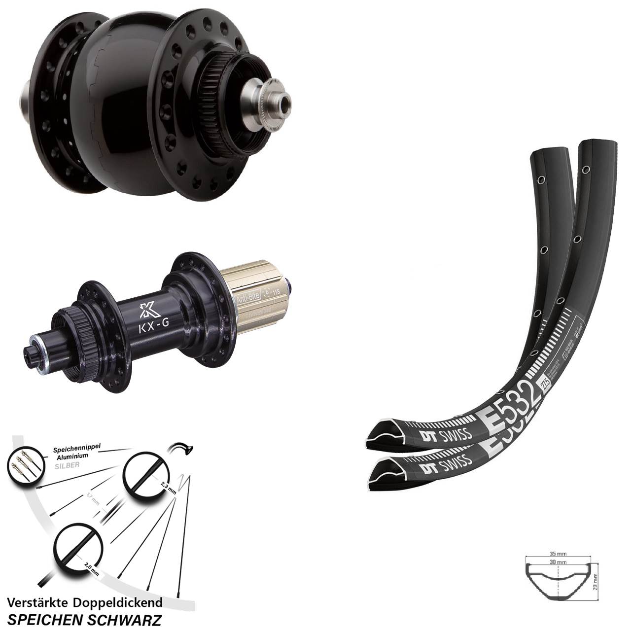 Laufradsatz Centerlock 27,5 Zoll DT Swiss E 532 KX-G SON 28 8-12 fach für Schnellspanner