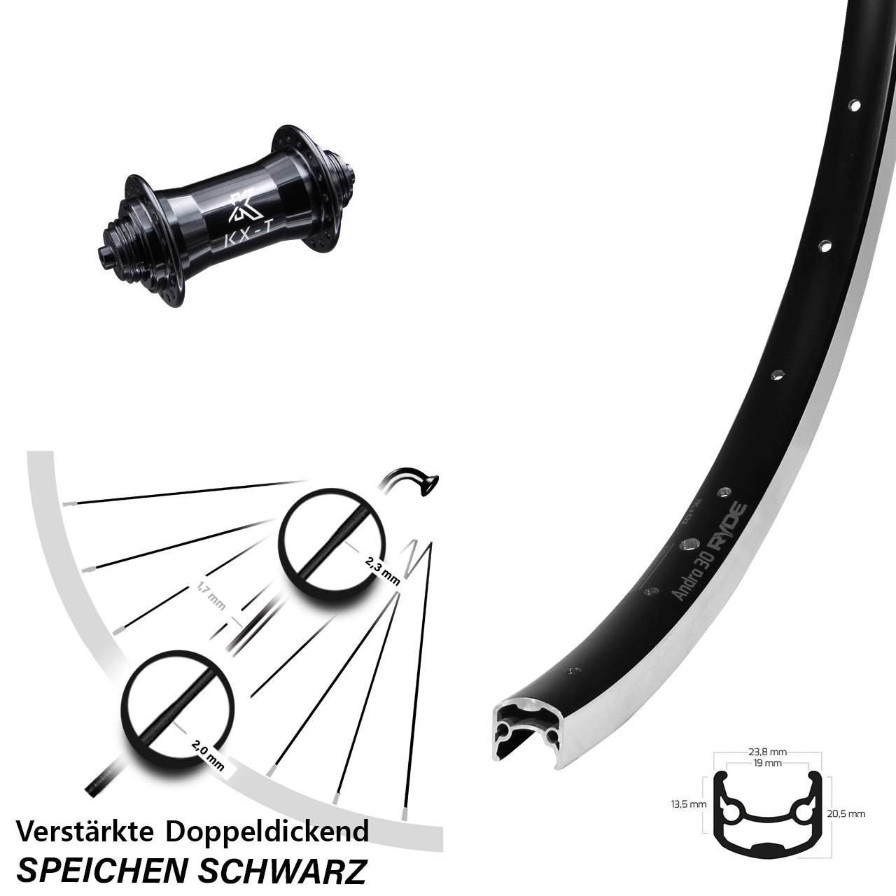 Ryde Andra 30 Vorderrad 28 Zoll Bikepacking verstärkt KX-T schwarz doppelt gelagert
