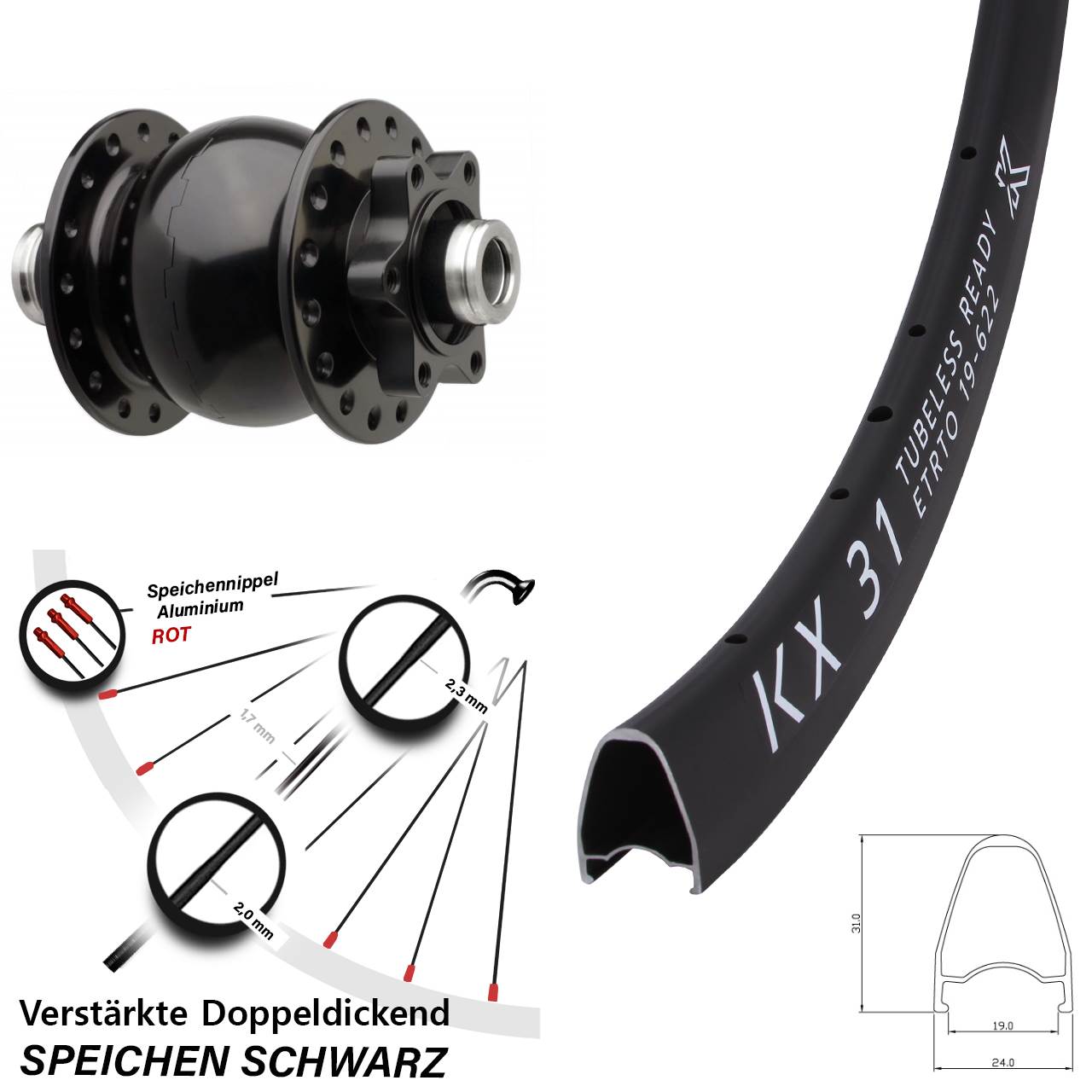 28 Zoll KX31 SON 28 Dynamo-Vorderrad 6-Loch 12x110 Boost