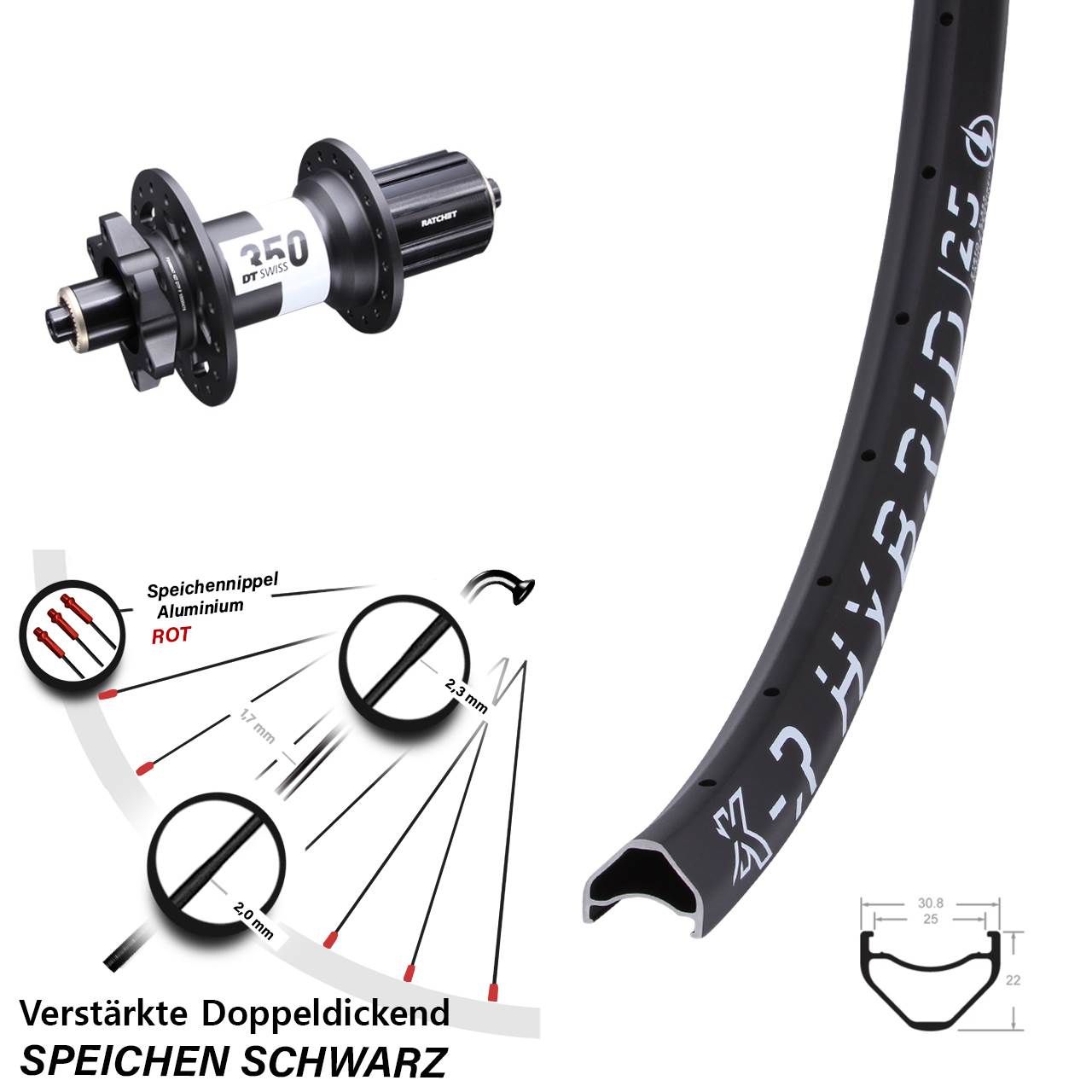 Hinterrad 28-29 Zoll KX-R Hybrid 25 DT Swiss 350 8-11 fach HG 5x141 6-Loch