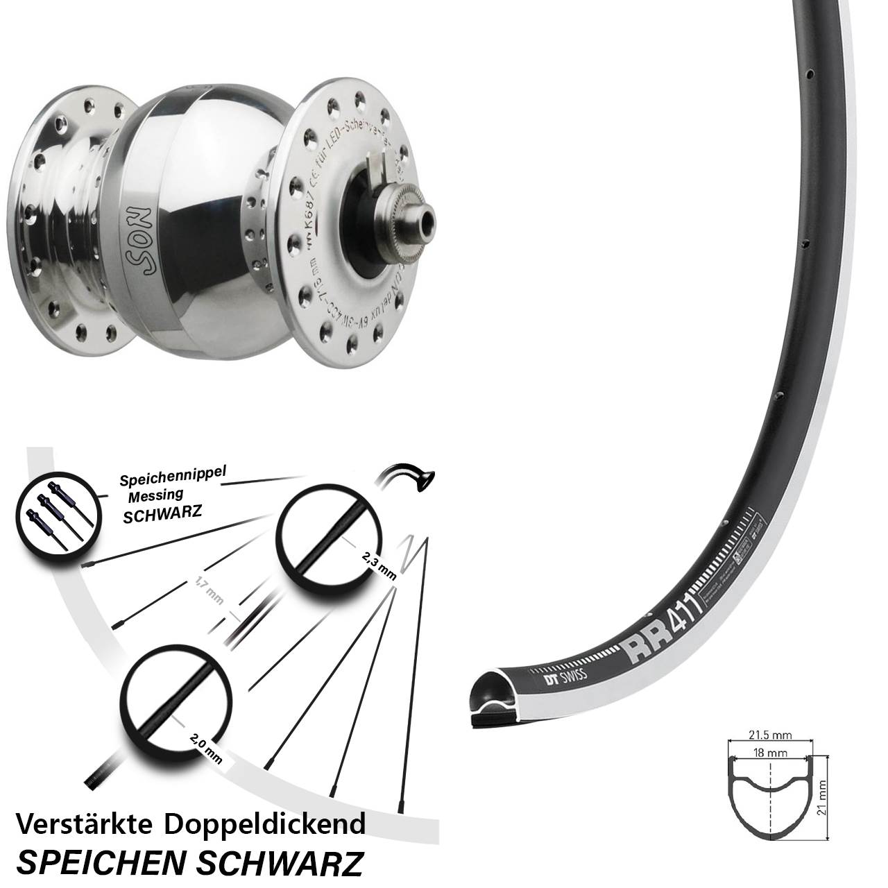 Nabendynamo-Vorderrad 28 Zoll DT Swiss RR 411 SON delux wide body für Schnellspanner