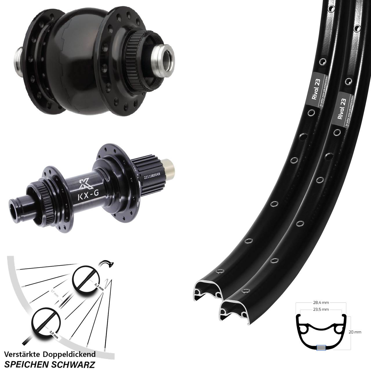27,5 Zoll Ryde Rival 23 Disc schwarz Laufradsatz 12x100/142 KX-G Micro Spline SON 28