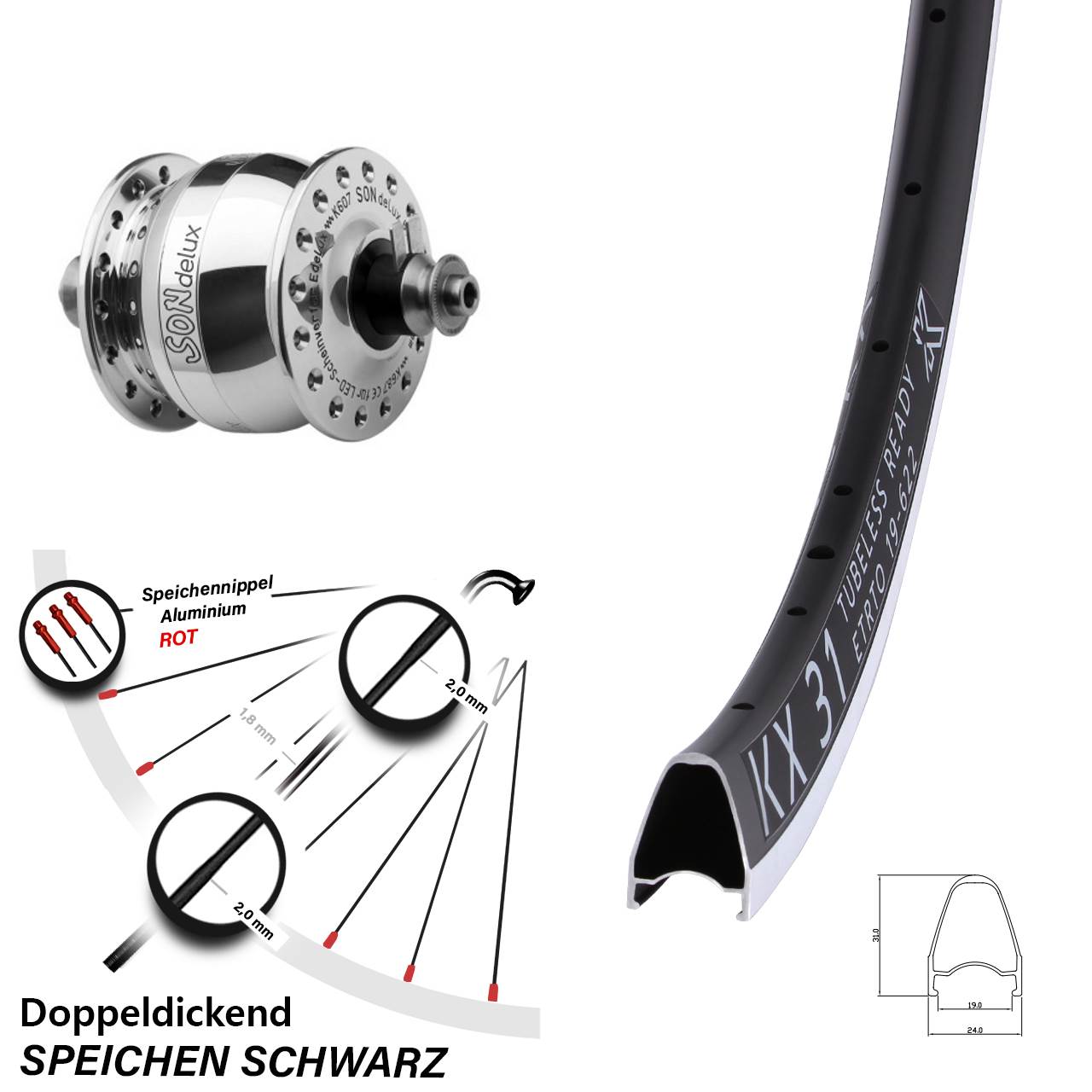Nabendynamolaufrad QR 28 Zoll KX 31 SON delux