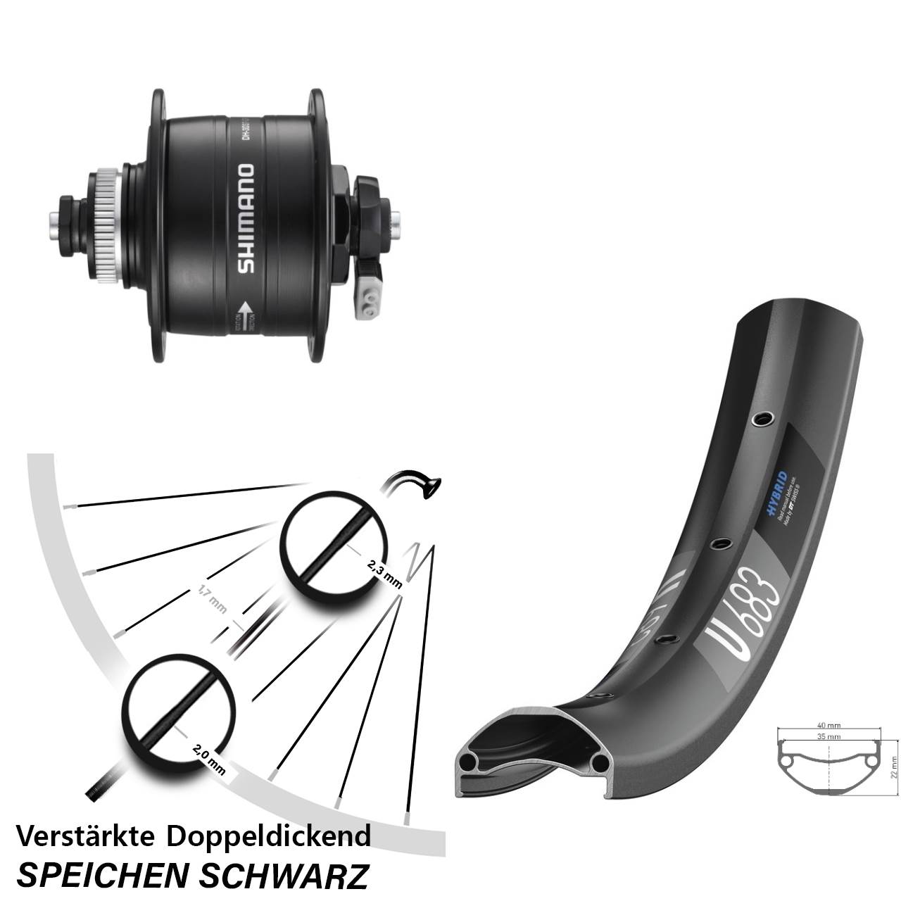 Nabendynamovorderrad Centerlock QR 27,5 Zoll DT Swiss U683 Shimano DH-3D37