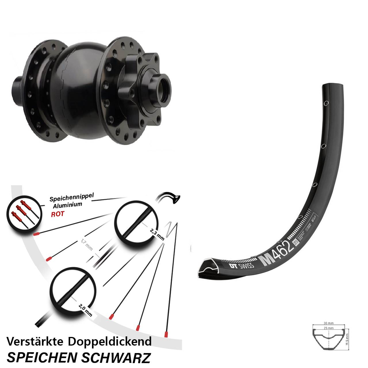 6-Loch 27,5 Zoll Nabendynamo-Vorderrad DT Swiss M462 SON 28 15x110 Boost