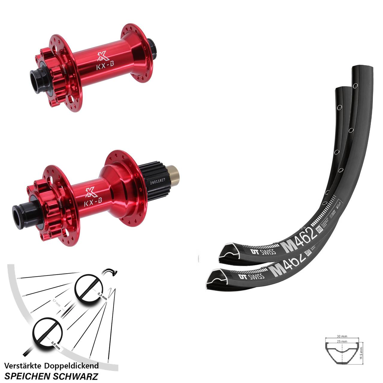 Laufradsatz 6-Loch 15x110 12x148 29 Zoll DT Swiss M462 KX-B rot Micro Spline