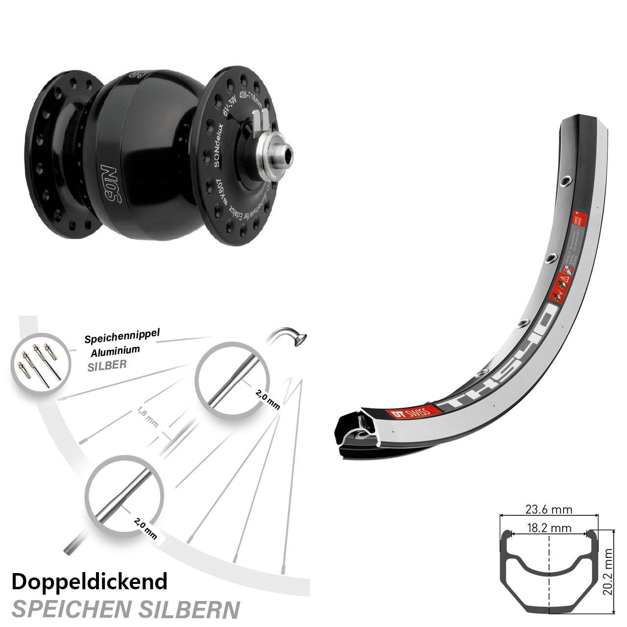 28 Zoll Vorderes Rad mit Nabendynamo DT Swiss TK 540 SON delux Wide Body