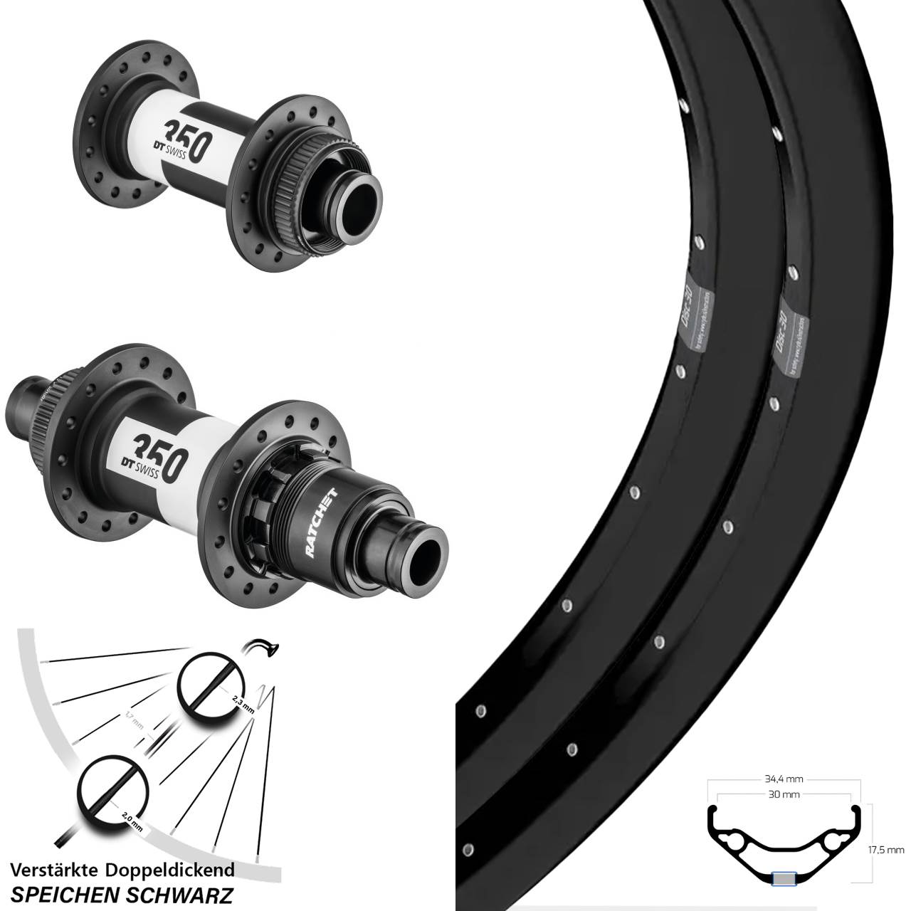 Laufradsatz 29 Zoll Ryde Disc 30 DT Swiss 350 XD 15x100 12x142