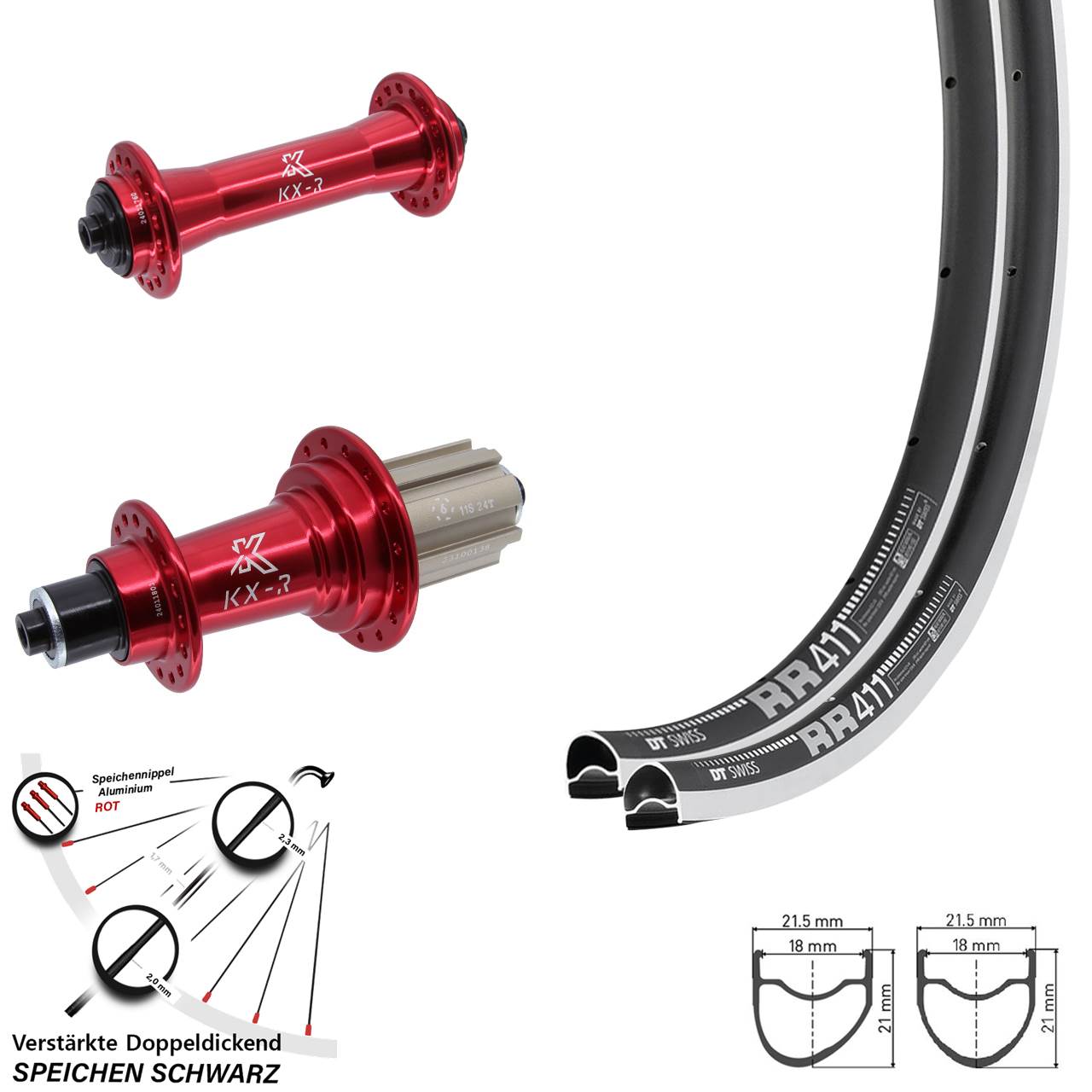 28 Zoll DT Swiss RR411 OS KX-R rot Laufradsatz QR 8-12 fach Campa