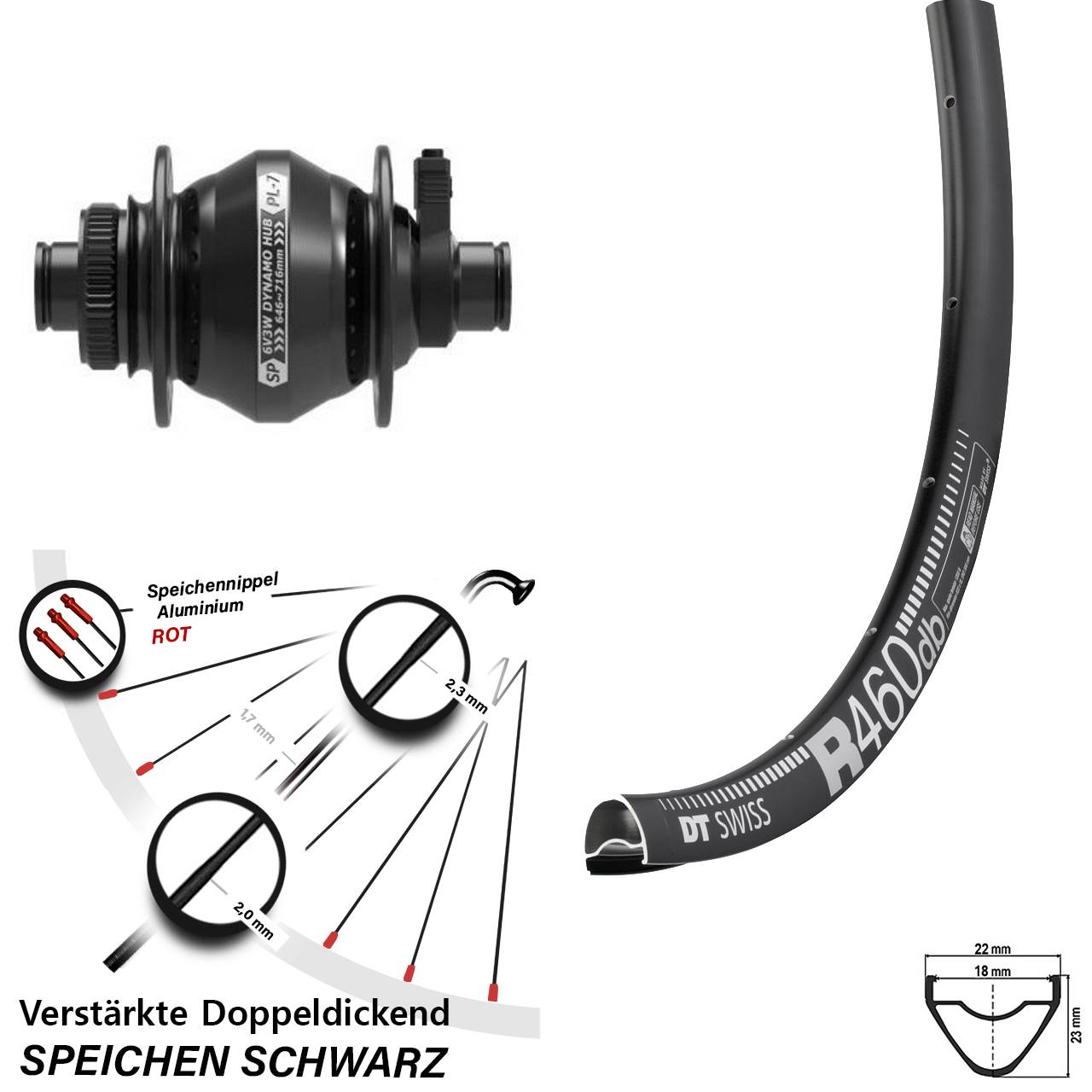 Disc Nabendynamovorderrad 28 Zoll DT Swiss R 460 Shutter PL-7 12x100