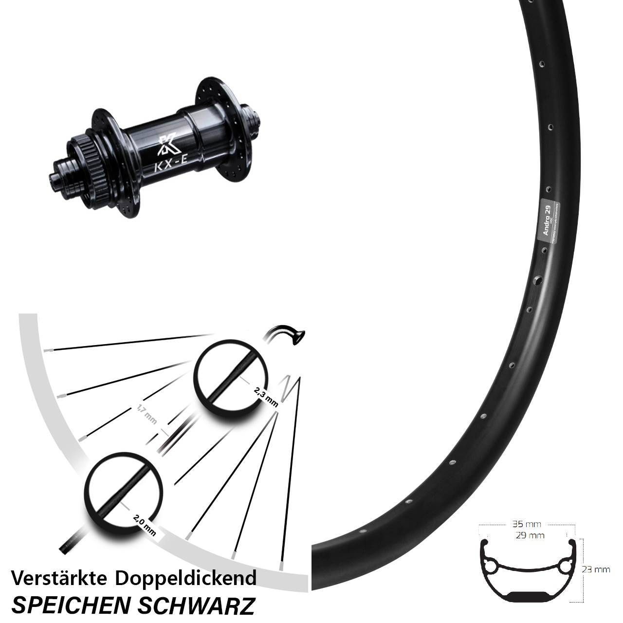 Ryde Andra 29-622 ETRTO E-Bike Vorderrad KX-E Nabe 5x100 mm Centerlock