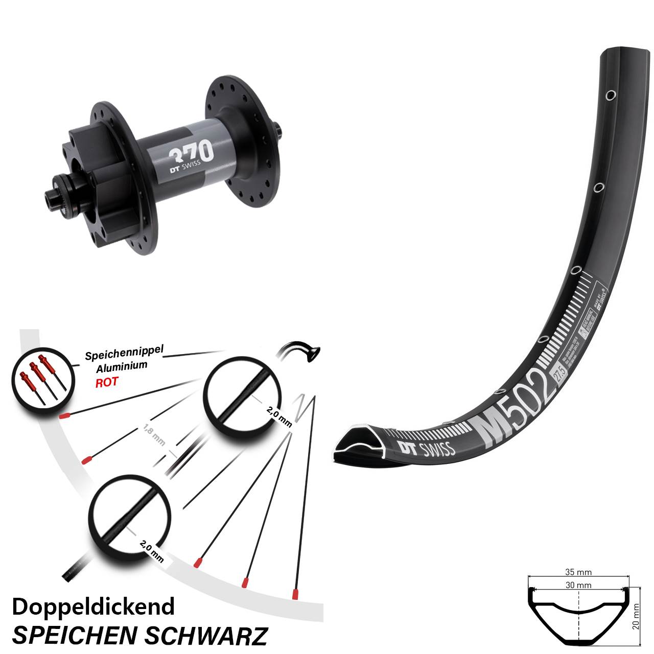 DT Swiss M 502-370 29 Zoll 6-Loch Vorderrad für Schnellspanner