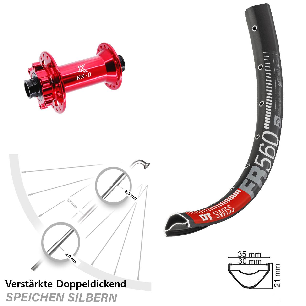 Vorderrad 6-Loch 26 Zoll DT Swiss FR560 KX-B rot 15x110 Boost