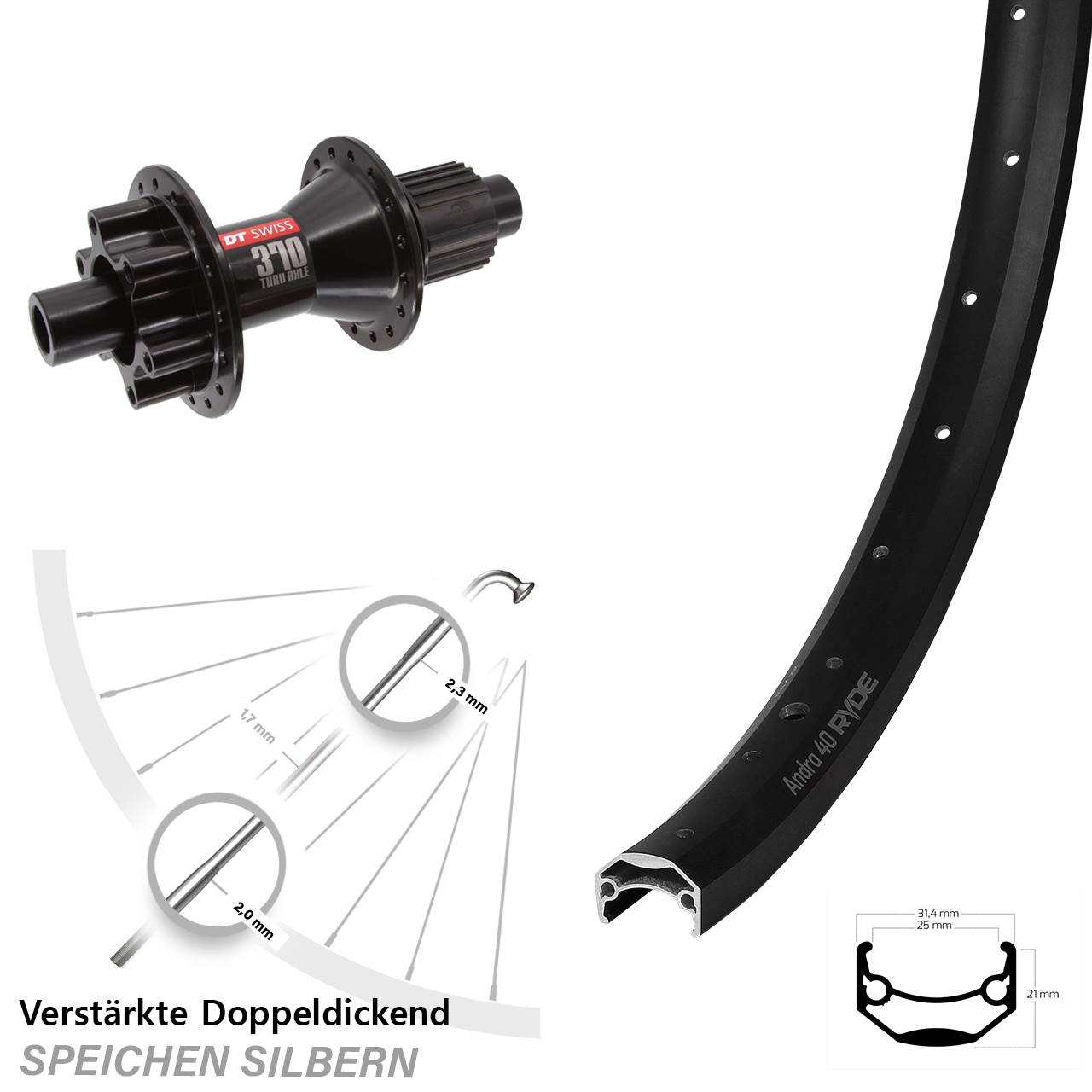 6-Loch Hinterrad 20 Zoll Ryde Andra 40 DT Swiss 370 Hybrid Shimano Micro Spline 12x142