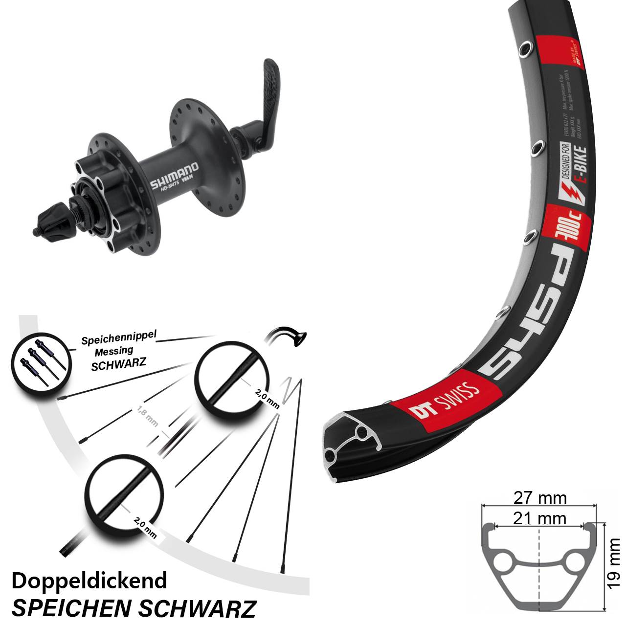 26 Zoll DT Swiss 545d Shimano HB-M475 Disc Laufrad für Schnellspanner