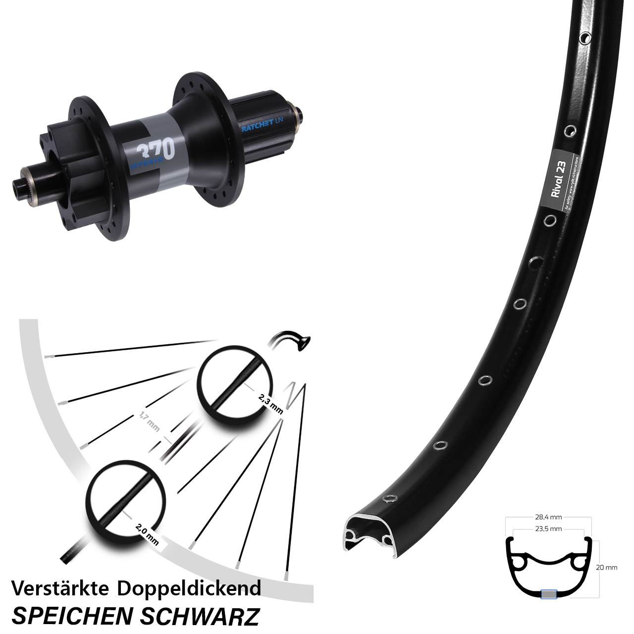 27,5 Zoll Ryde Rival 23 DT Swiss 370 Hybrid Hinterrad 6-Loch QR Boost 8-11 fach HG